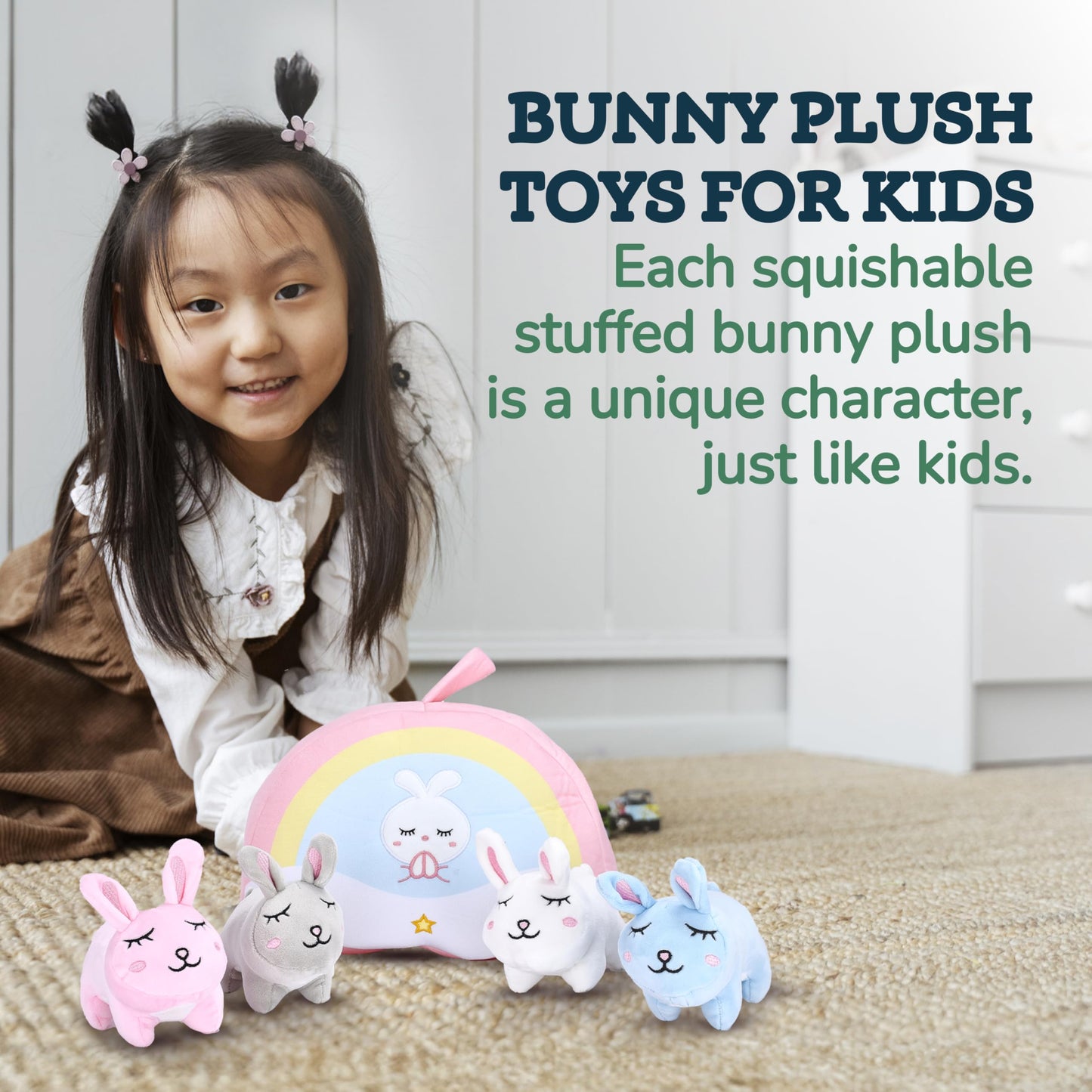 PixieCrush enhanced Bunny Plush Toy Set of 5 - Vibrant  Durable & Adorable Bunny Toys for Girls - Ideal Gift Choice for Magical Playtime & Decor - Mini Bunnies with Rainbow Bag Set
