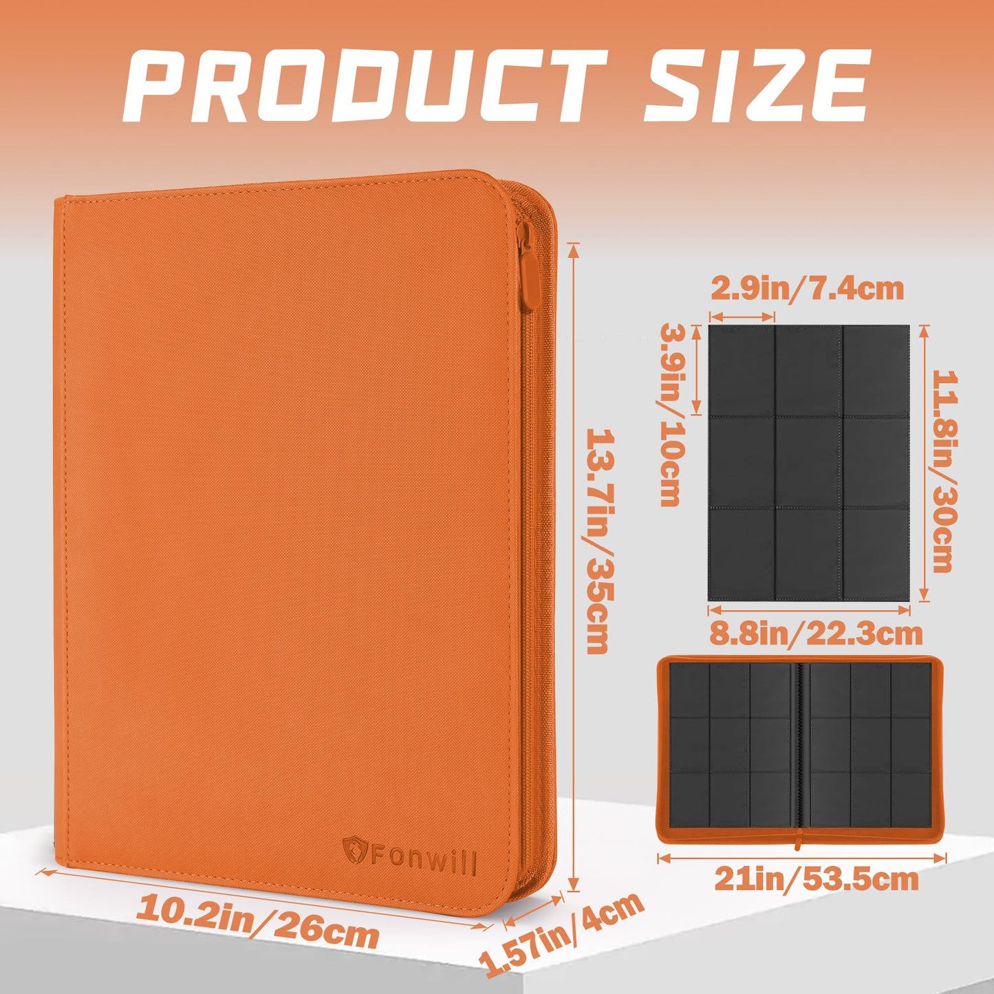 Trading Card Binder 9 Pocket  360 Pockets Trading Card Holder Book  enhanced PU Cover Zip Folder Binder  Side Loading Carrying Case Binder Album for TCG  MTG Sports Cards  Game Cards (Orange-1)