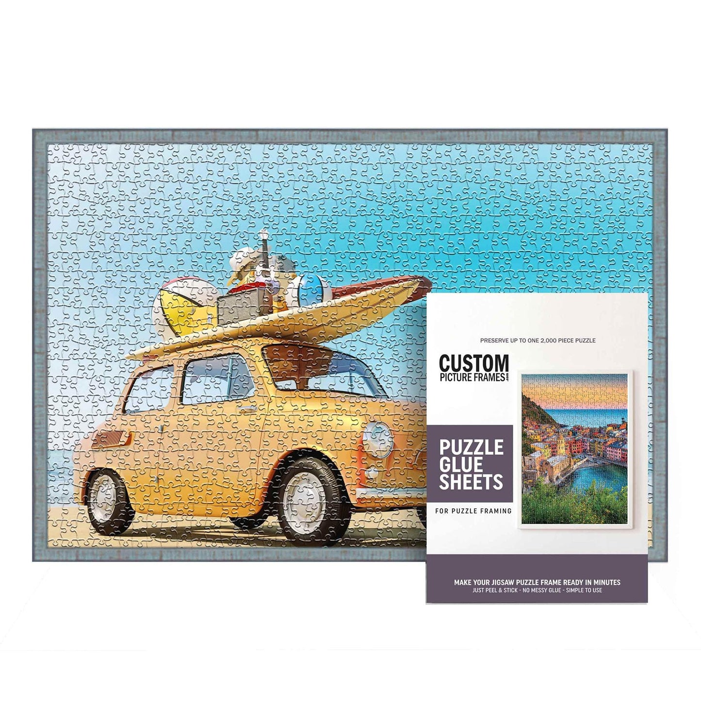 11.25X38.25 Frame Blue Solid Wood Picture Frame Set With Peel And Stick Puzzle Glue Sheets | Interior Depth 0.5 Inches | Rustic