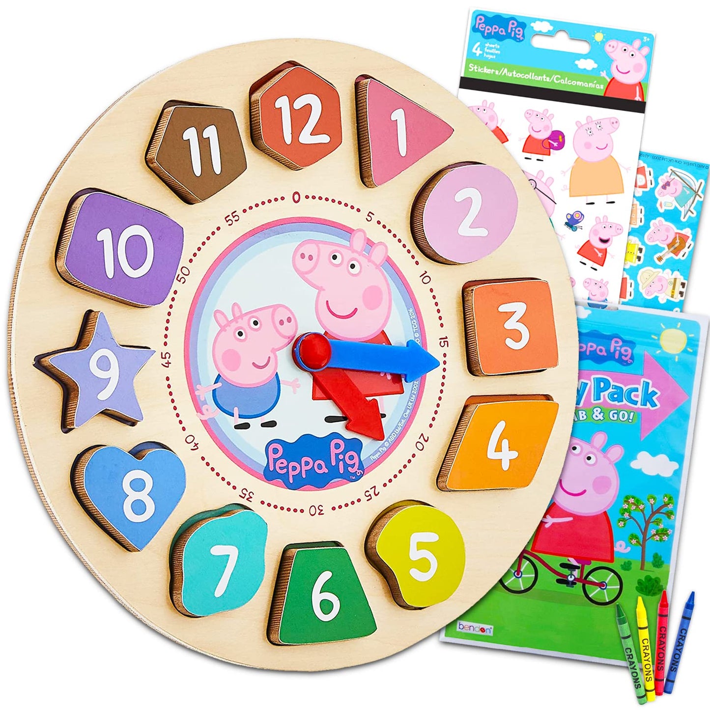 Peppa Pig Clock Puzzle Shape Sorting Game For Toddlers, Kids ~ 5 Pc Learning Toy Bundle With Peppa Wooden Clock, 3 Flash Card Packs, And More (Peppa Pig Wooden Toys)