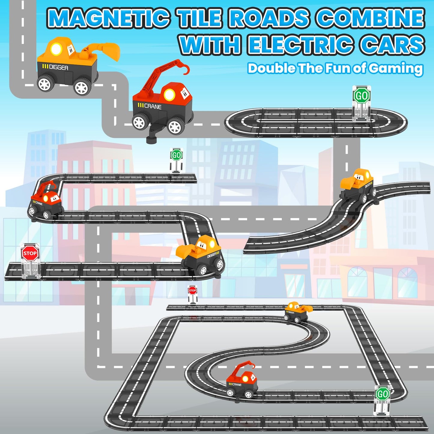 Magnetic Tiles Roads Engineering Vehicle Set, Magnetic Blocks Road Truck Car Toys for 3 4 5 6 Year old Boys Girls, Cars Games Cl