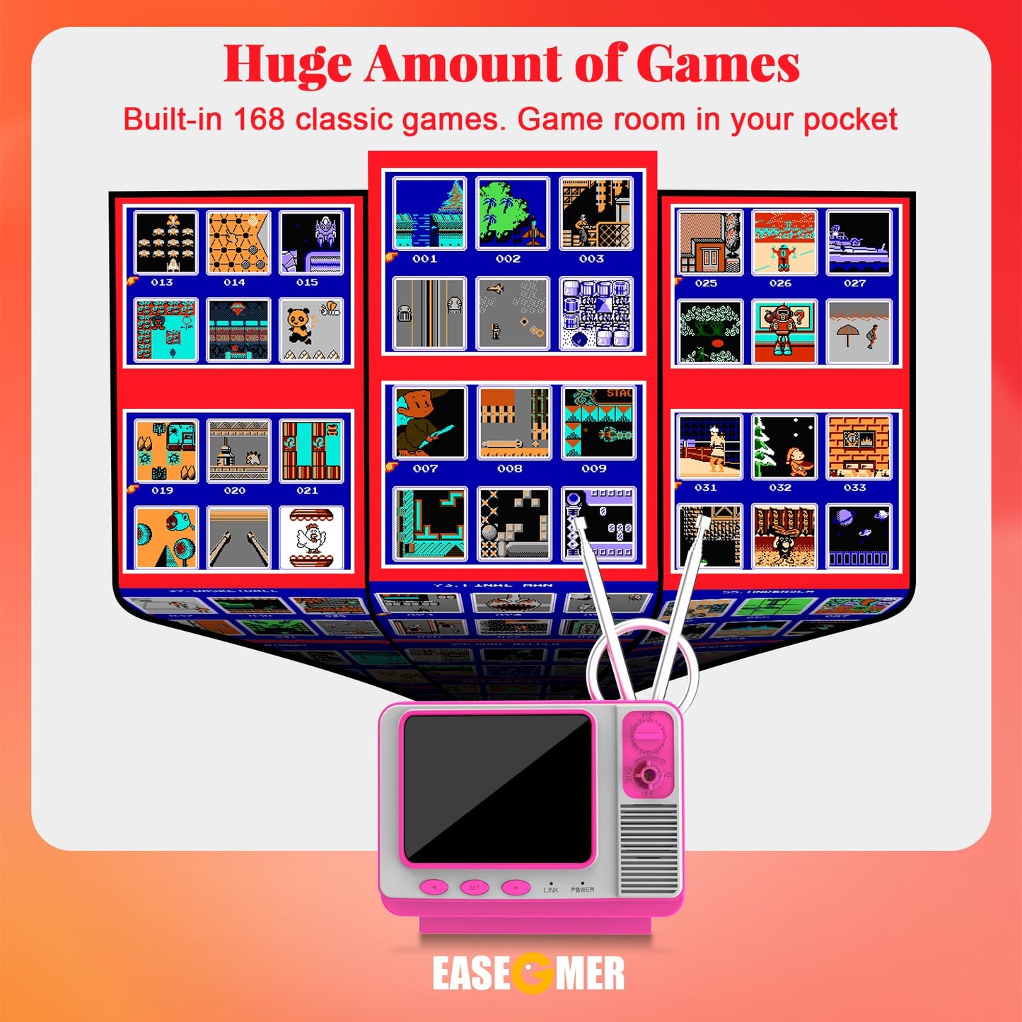 Easegmer Retro Handheld Game Console With 168 Classic Games, Mini Tv Style, 3.0'' Screen, Av Output, 2 Player Support, Rechargea