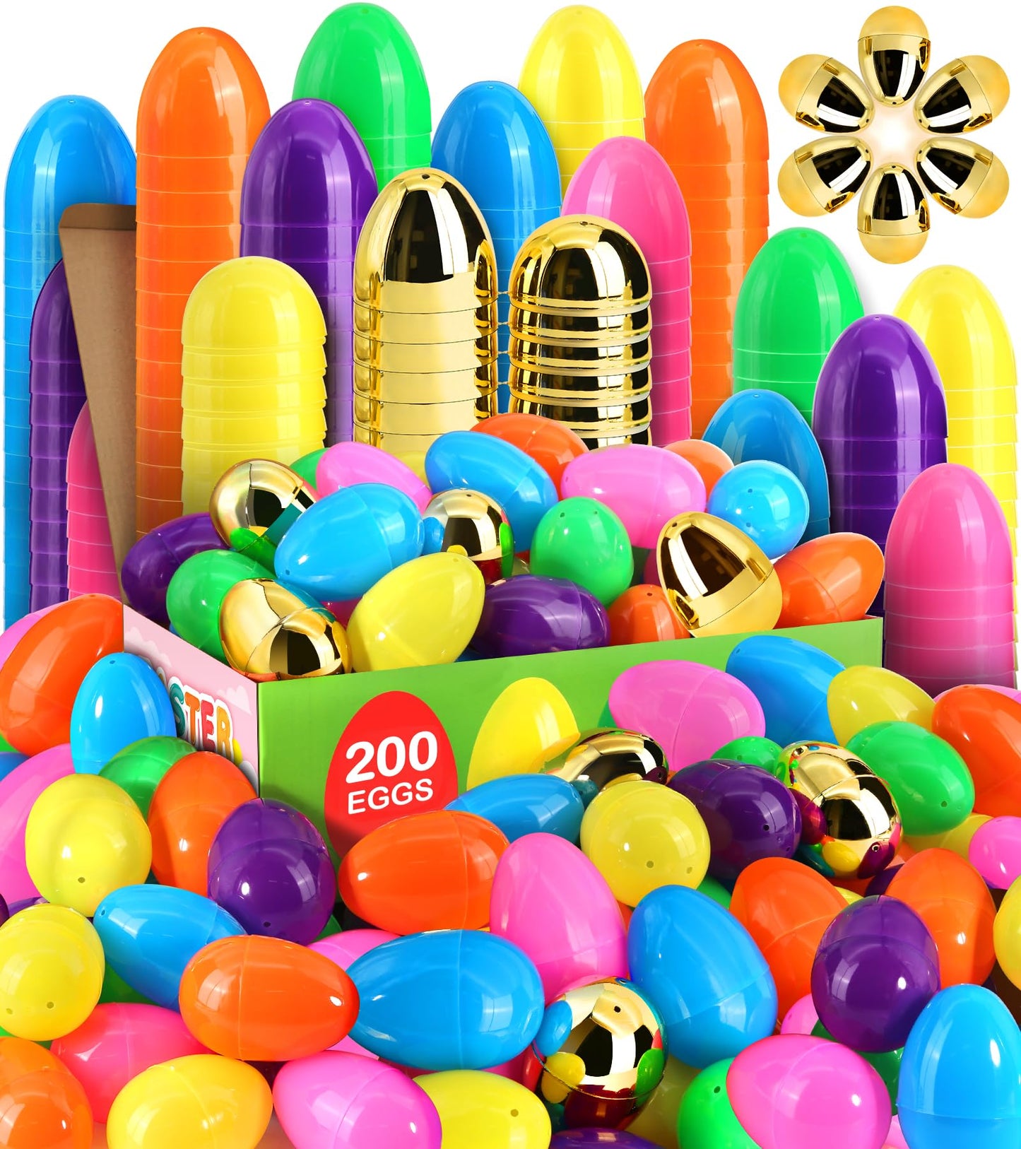 Surcvio [6 Surprise Golden Eggs] 200 Pack 2.3 Inch Plastic Easter Eggs, Empty Easter Eggs Fillable, Bright Colors Plastic Eggs B