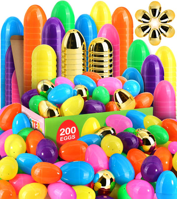 Surcvio [6 Surprise Golden Eggs] 200 Pack 2.3 Inch Plastic Easter Eggs, Empty Easter Eggs Fillable, Bright Colors Plastic Eggs B