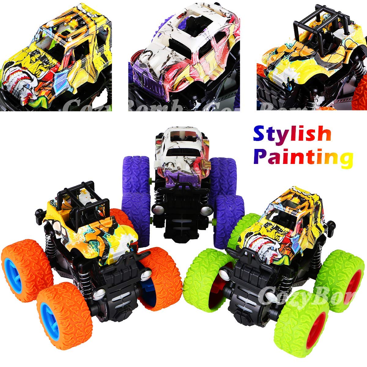 CozyBomB Monster Trucks Toys - 3 Pack Friction Powered Mini Push and Go Car Truck Playset Inertia Vehicle for Kids Best Christma
