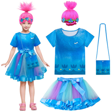 Miltrs Princess Poppy Dresses Costume Set Rainbow Tutu Dress For Girls Cosplay Halloween Outfits Birthday Party With Bag Wig