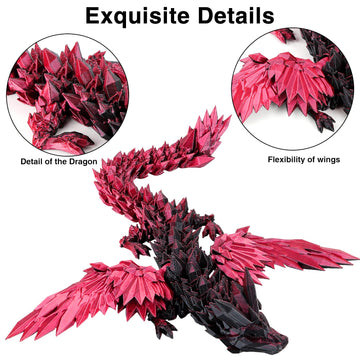 Sumland 3D Printed Dragon With Wings Flying,Crystal Wing Dragon Fidget Toys,Black Red