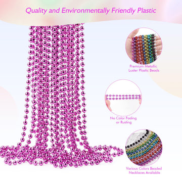 ZZYFGH 33'' 7mm Metallic Pink Bead Necklace Bulk, Mardi Gras Round Beaded Necklaces for Party Favors Costume Necklace (12 Pcs)