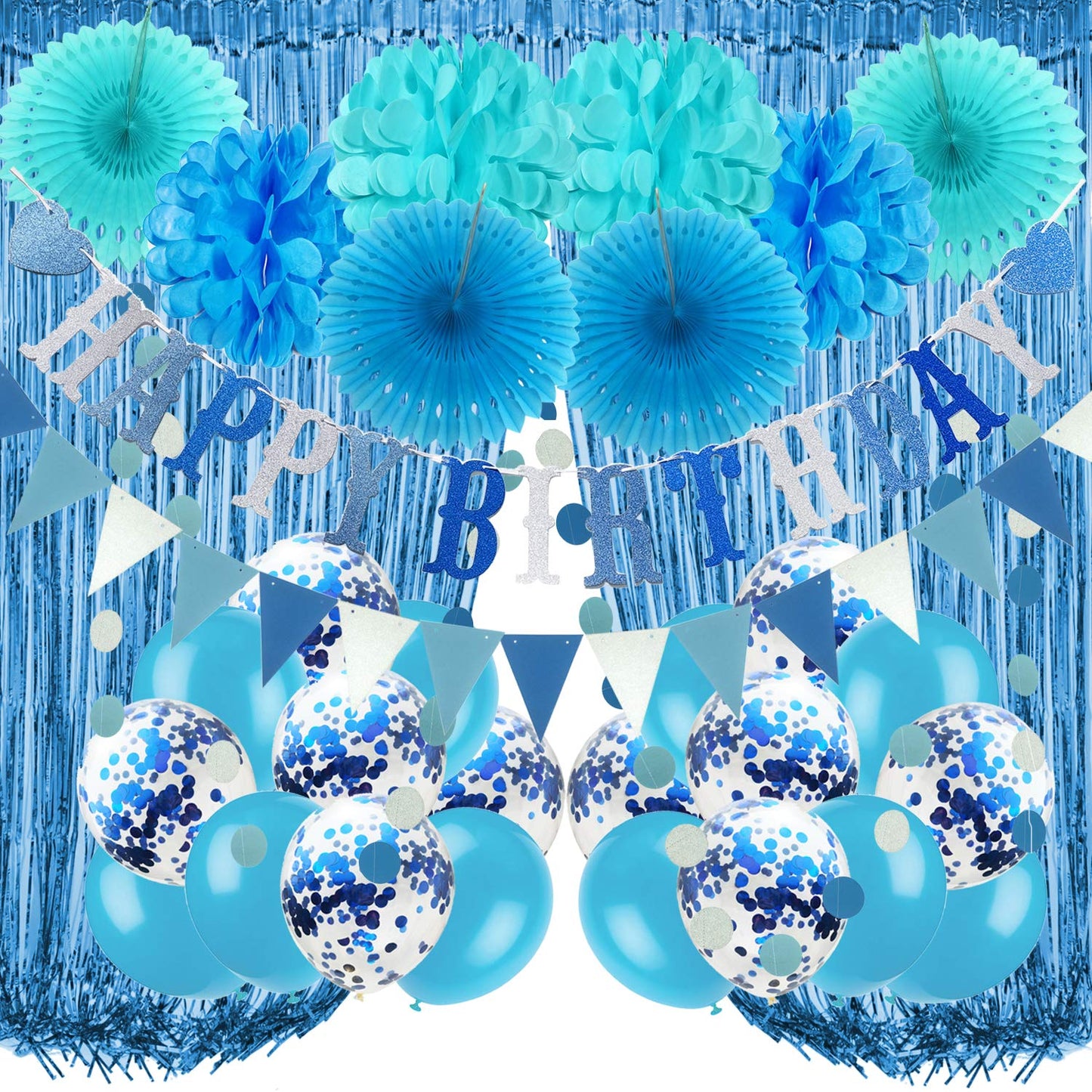 Recosis Birthday Party Decorations, Blue Party Decorations For Boy Men, Happy Birthday Banner, Curtains, Paper Pompoms And Fans,