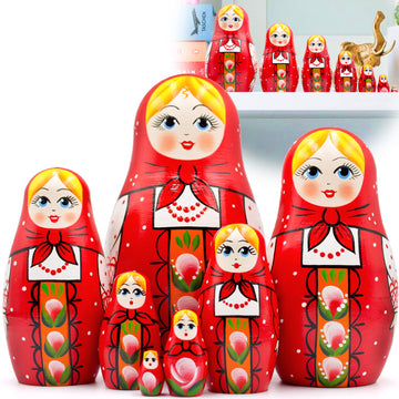 Aevvv Nesting Dolls Set Of 7 Pcs - Baboushka Nesting Dolls In Hand Painted Red Head Scarf And Sarafan Dress With Ornaments - Russian Dolls Nesting Dolls, Red, White, Green