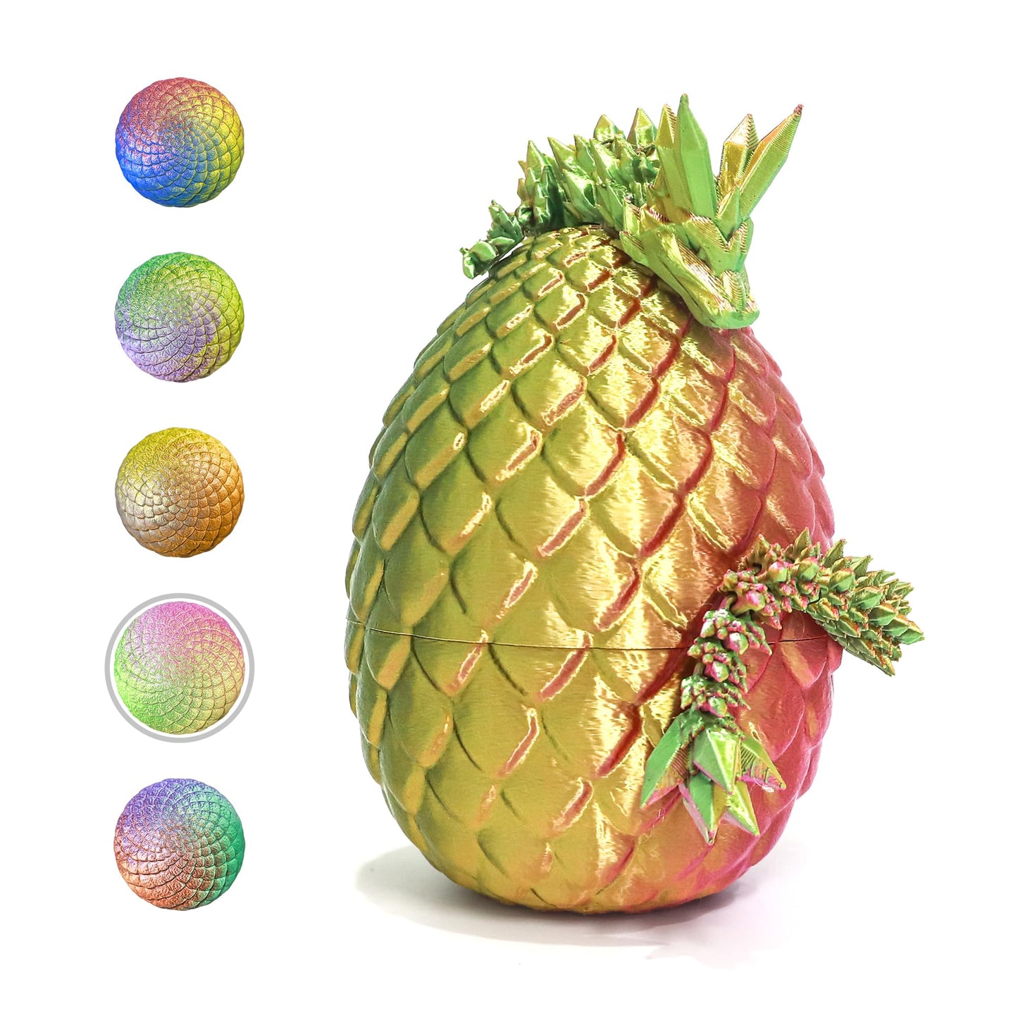 Flavery 3D Printed Dragon In Egg - Gold Green Pink - 5.1 Inch Tricolor Egg With Flexible Crystal Dragon Inside, Colorful Fidget