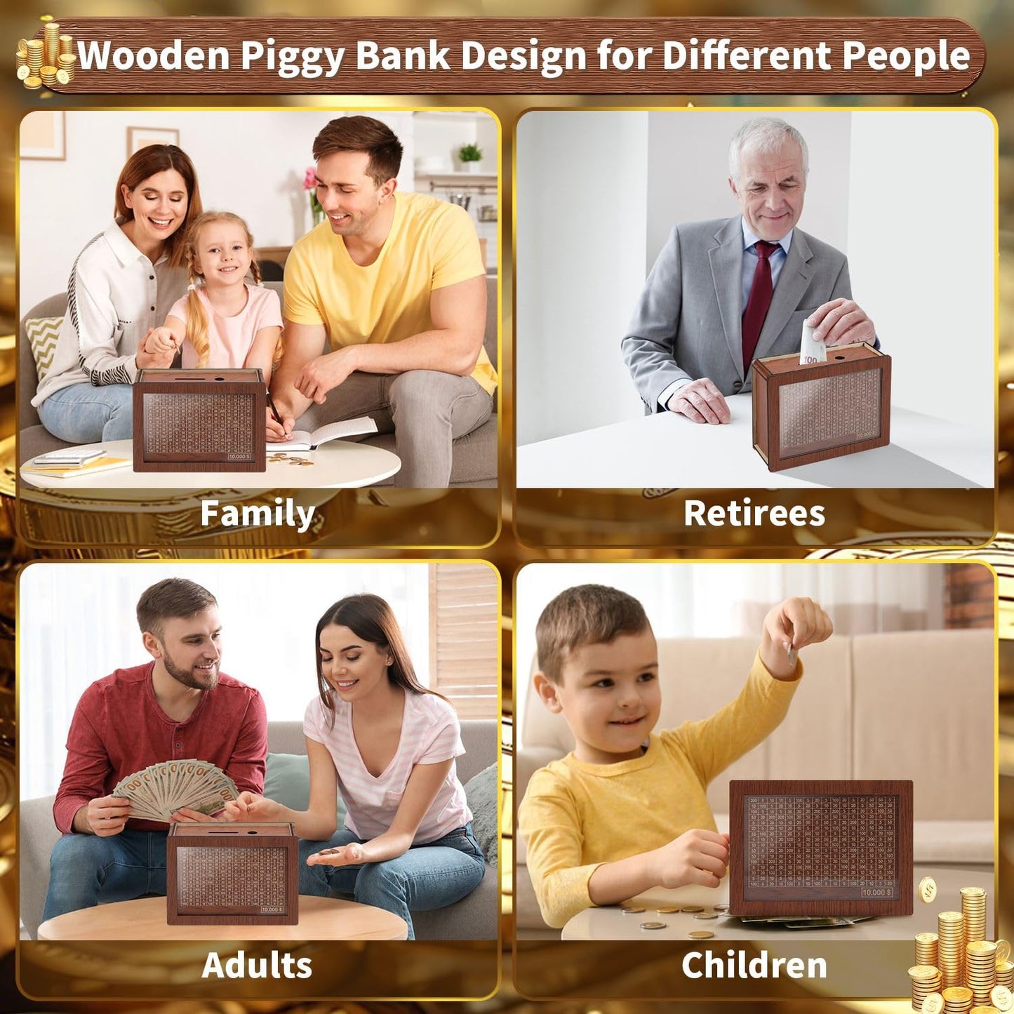 10000 Savings Challenge Box, Kakeibo Money Box For Cash Saving, Wooden Piggy Bank For Adults, Money Saving Box 10,000 Dollar, No