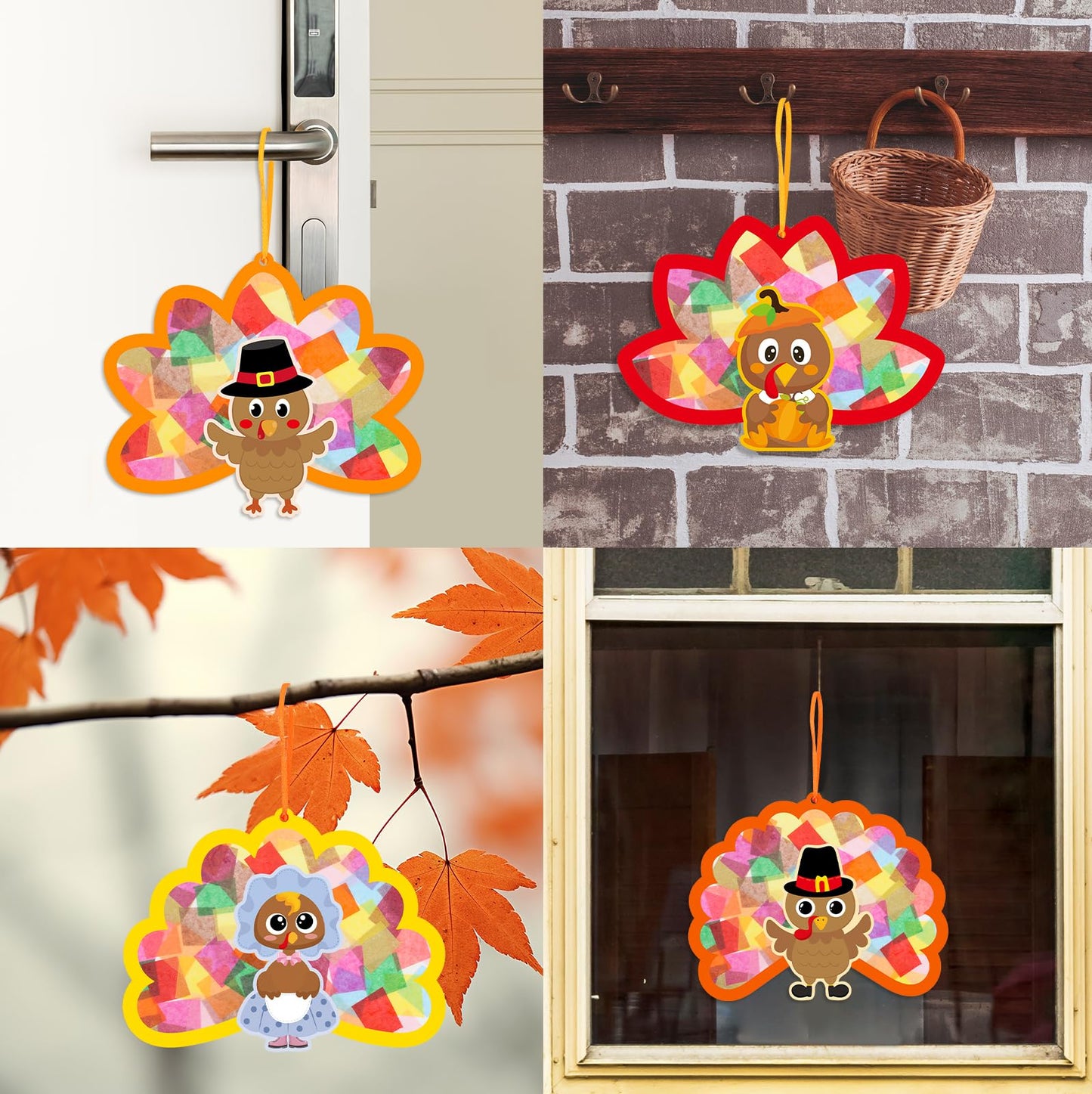 Ceiba Tree 24Pcs Thanksgiving Suncatcher Crafts for Kids Turkey Fall Craft with Turkey Cutouts and Tissue Paper Autumn DIY Windo