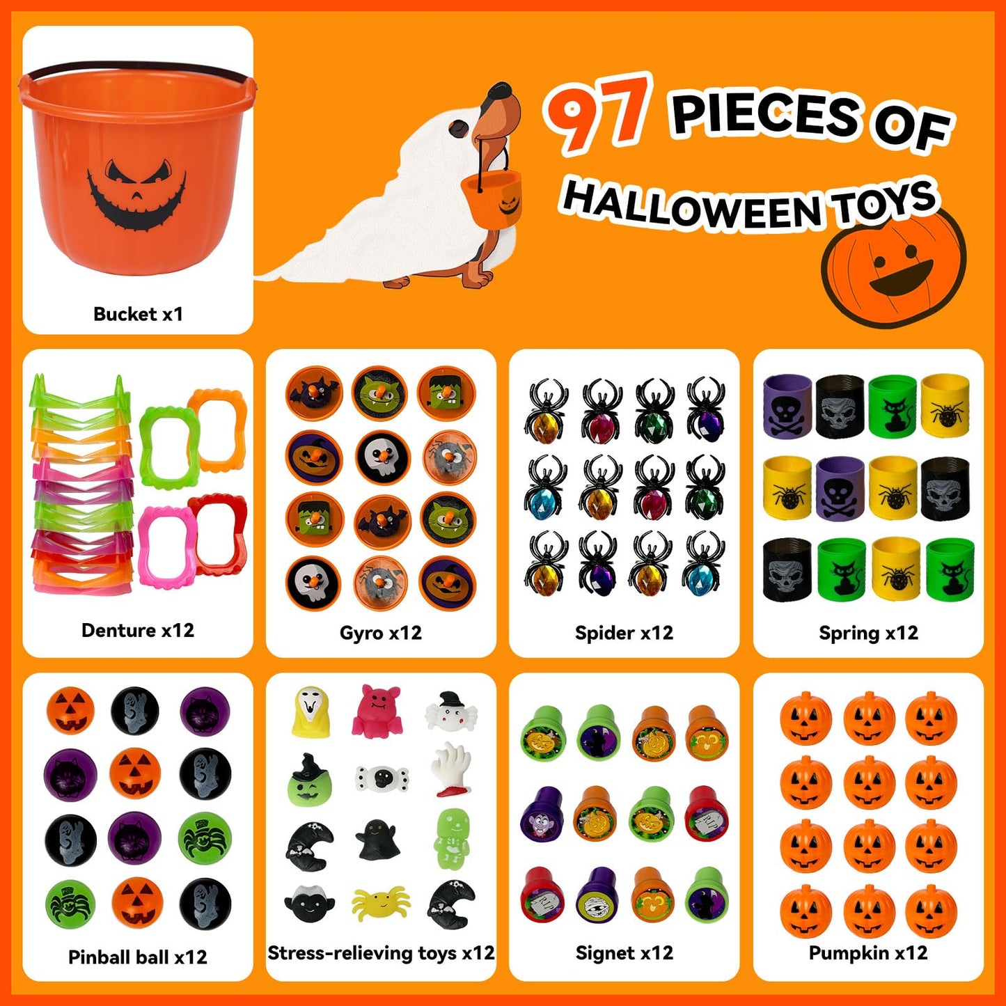novelinks Halloween Party Favors for Kids 96PCS Halloween Toys in Bulk Halloween Prefilled Plastic Pumpkins Buckets Halloween Go