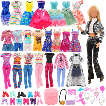 Barwa Lot 36 Items 3 Fashion Dresses 3 Casual Tops And Pants Outfits 6 Pcs Mini Dresses With 1 Bags 10 Shoes, 13 Accessories For 11.5 Inch Girl Doll Birthday Xmas