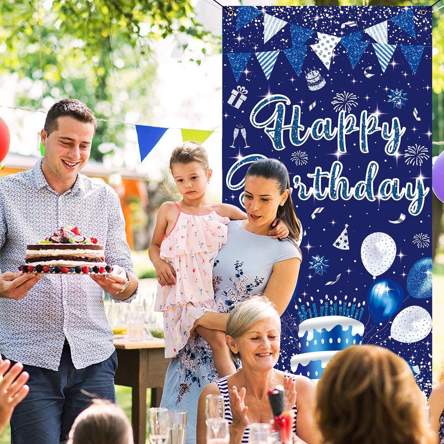 Gya 3X6Ft Blue Silver Birthday Door Banner Navy Blue Glitter Sequin Happy Birthday Background Cake Balloons Gifts Backdrops Kids