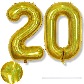 40 Inch Laser Gold 20 Balloons, Xxl Globos Dorados Self Inflating Number 20 Mylar Balloon For Women 20Th Birthday Party Decor, F