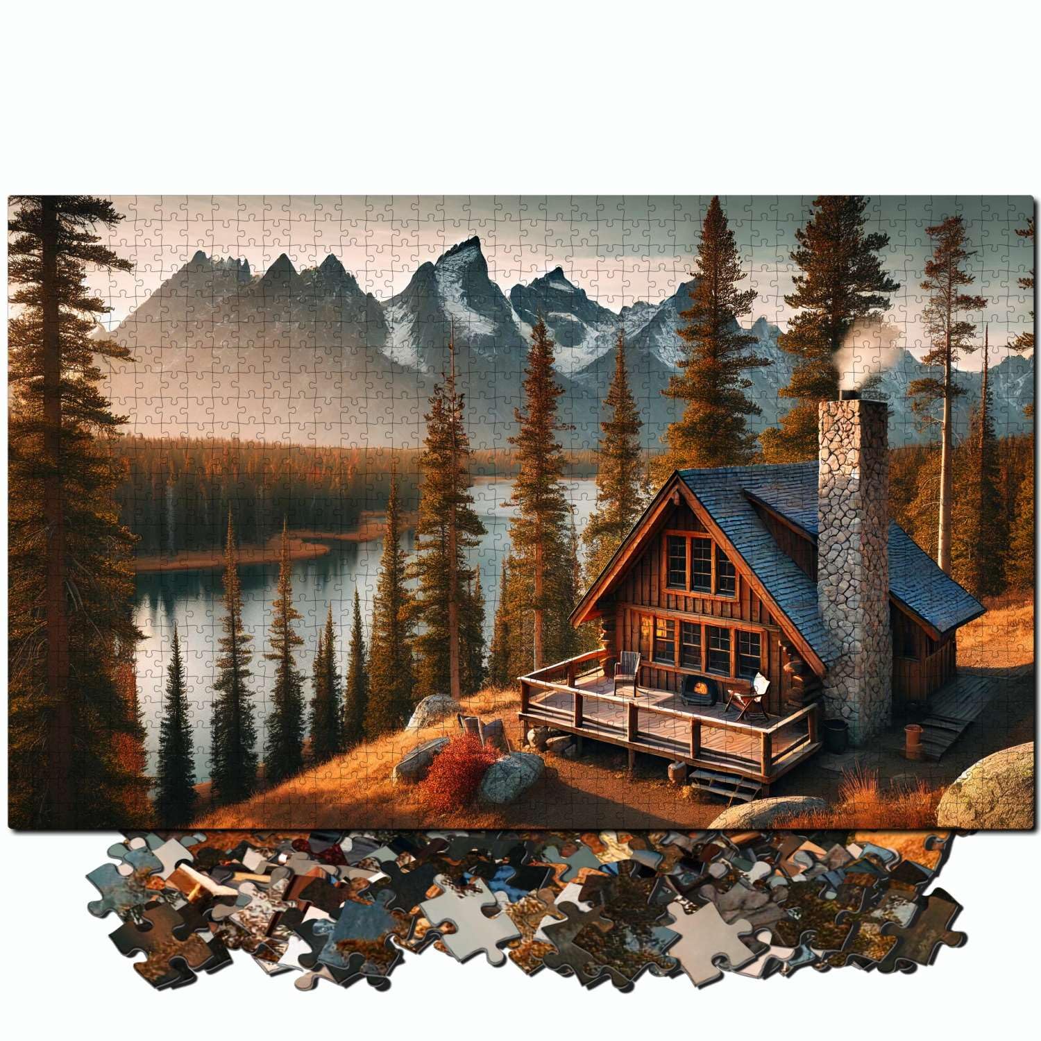 Jigsaw Puzzles for mature-themeds - Challenging Colorful and Unique with Large Poster - Letters on Back - AI Art - Rompecabezas para mature-themedos - Gifts for mature-themed  Couples  Teens (Cozy Mountain Cabin)