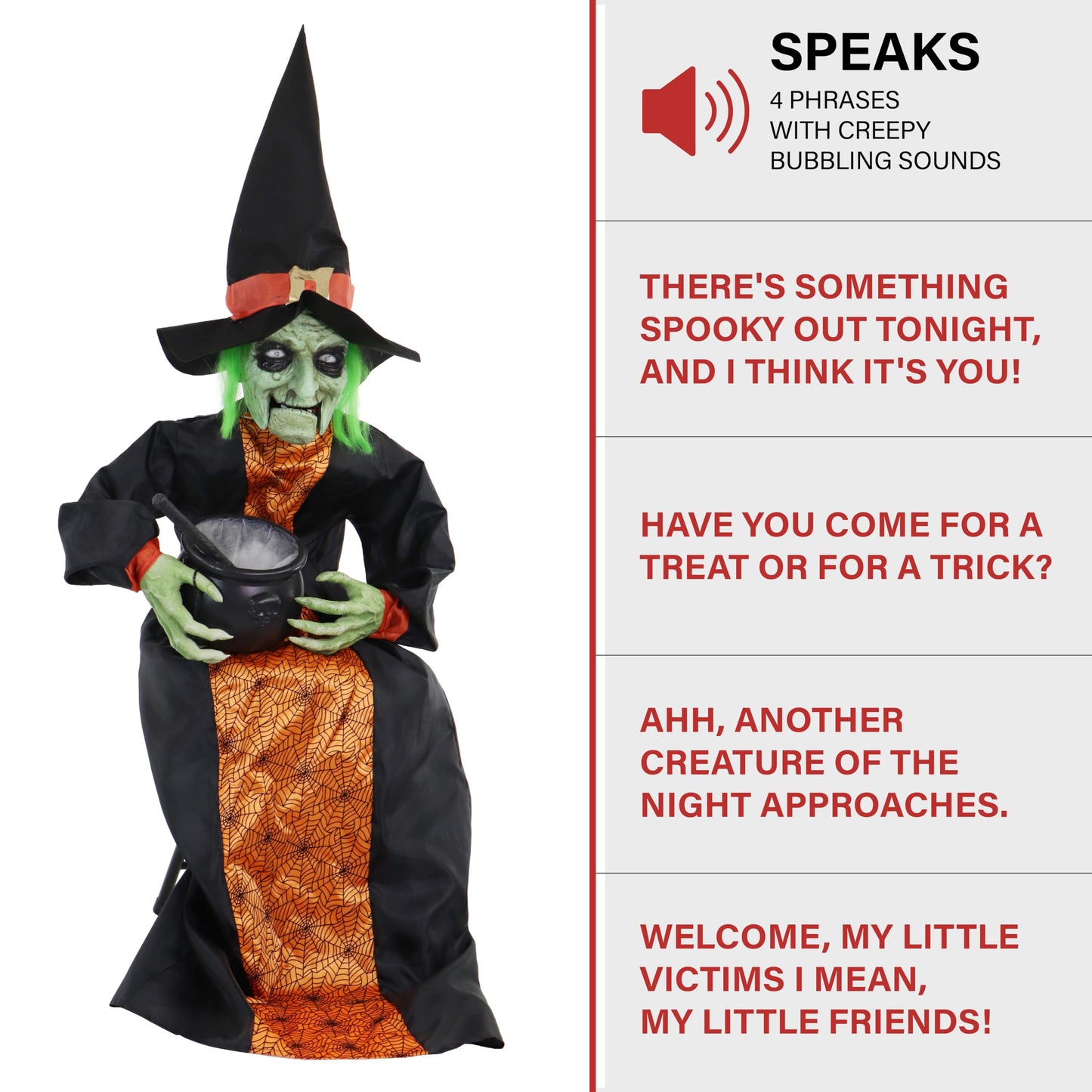 Haunted Hill Farm Sitting And Talking Witch Halloween Animatronic With Moving Mouth And Light-Up Mini Cauldron For Scary Halloween Decorations, Spooky Halloween Props, Perfect For Tabletop