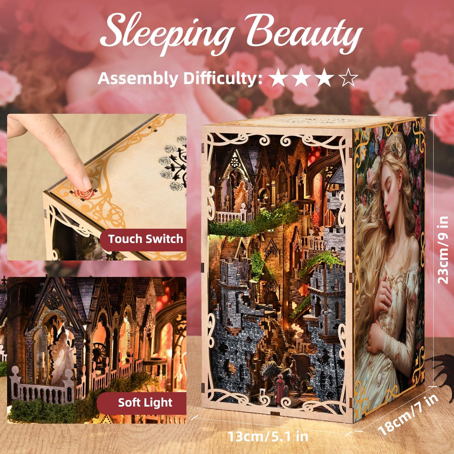 MiniCity Book Nook Kit - DIY Miniature House 3D Wooden Puzzle for mature-themed and Teens  Booknook Bookshelf Decor Scale Model Build with LED Light  Gifts for Family and Friends (Sleeping Beauty)