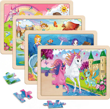Wooden Puzzles For Kids Ages 4-6, 4 Packs 24 Pcs Unicorn Mermaid Princess Fairy Jigsaw Puzzles, Preschool Educational Brain Teas