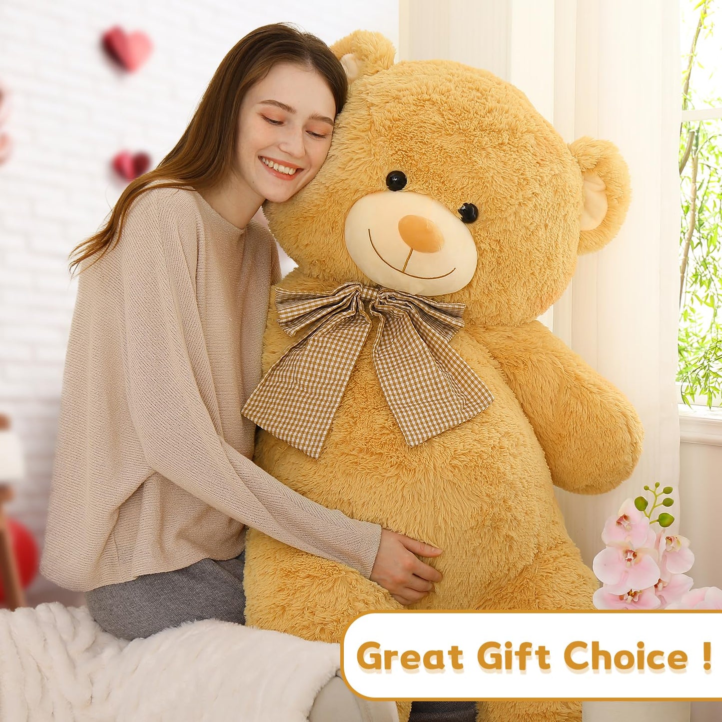 Morismos 5Ft Giant Brown Teddy Bear Stuffed Animal, Large Teddy Bear Plush Toy With Footprints And Bow, Gift For Girlfriend, Wife, Girls At Birthday Valentine'S Day, Christmas, Baby Shower Decor