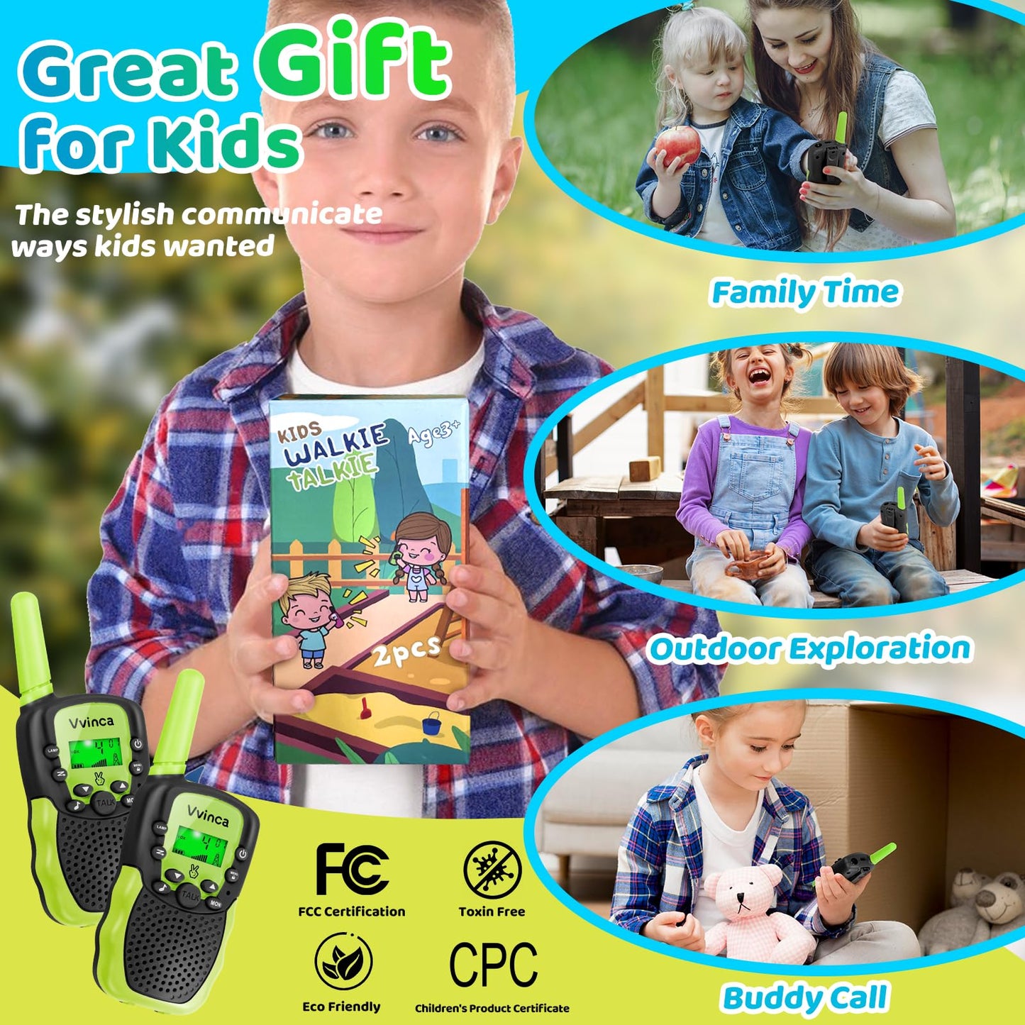 Vvinca Walkie Talkies For Kids, Rechargeable Toys For Ages 3 4 5-7 8-12 Year Old Boys Girls With Flashlight 22Ch 2 Way Radio, 3