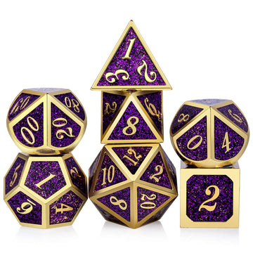 DNDND Glitter Purple Metal Dice Set, Solid Polyhedral DND Metallic Dice with Free Metal Case for Role Polying Game Dungeons and 