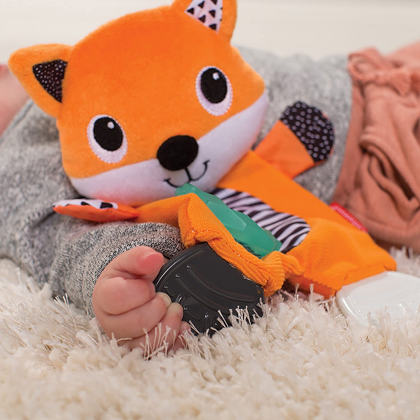 Infantino Cuddly Teether Fox - BPA-Free Silicone, 3 Textured Teething Spots, Soft Fabric, 1 Count, for Babies 0M+