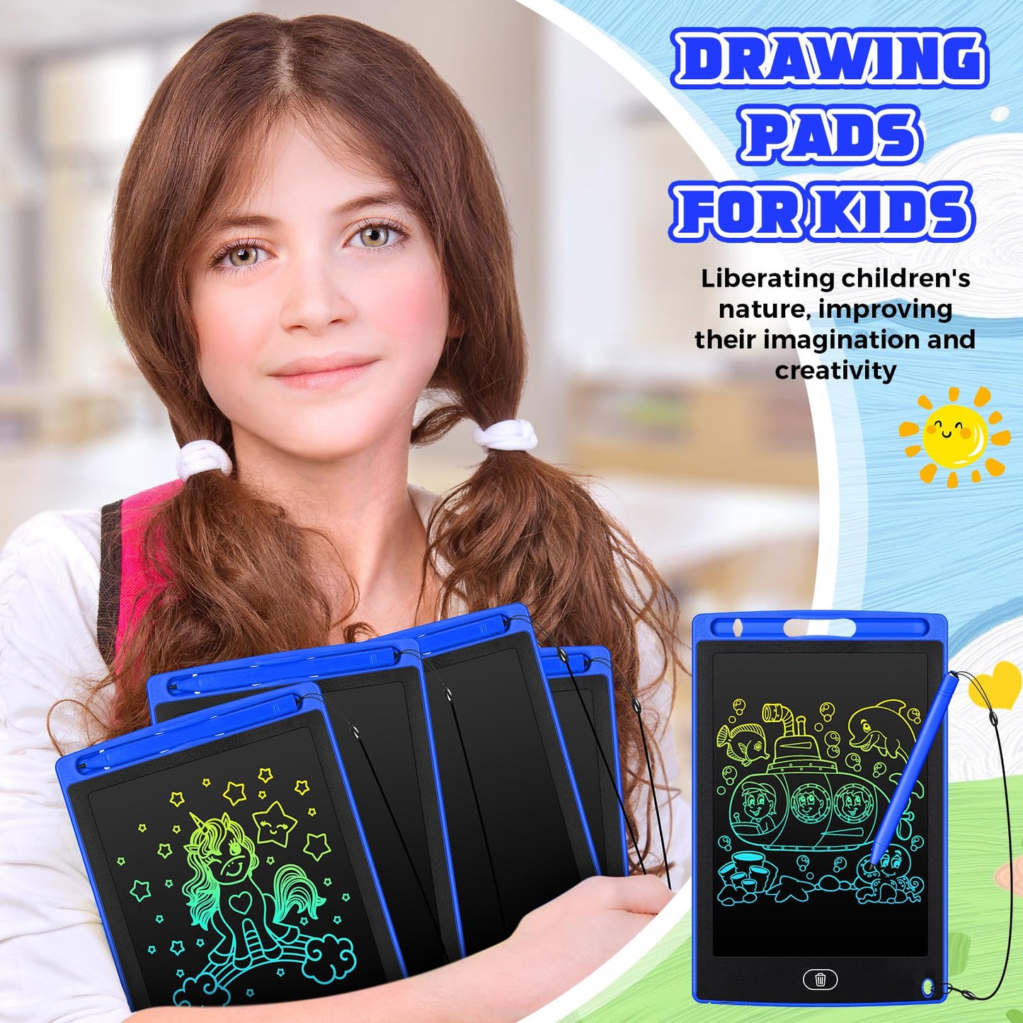 Zonon LCD Writing Tablet - 8.5 Inch Doodle Board, 4 Pcs, Erasable, Reusable, Colorful Screen Pad - Blue