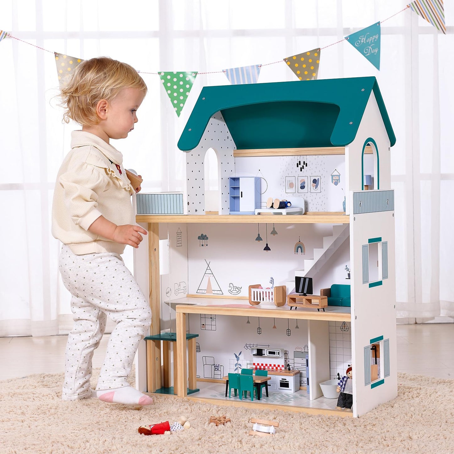 OOOK Wooden Dollhouse with Liftable Elevator - 2.6 Feet High Modern Doll House for Kids Toddlers - Including 21 Furniture Pieces  4 Family Dolls  and 1 pet