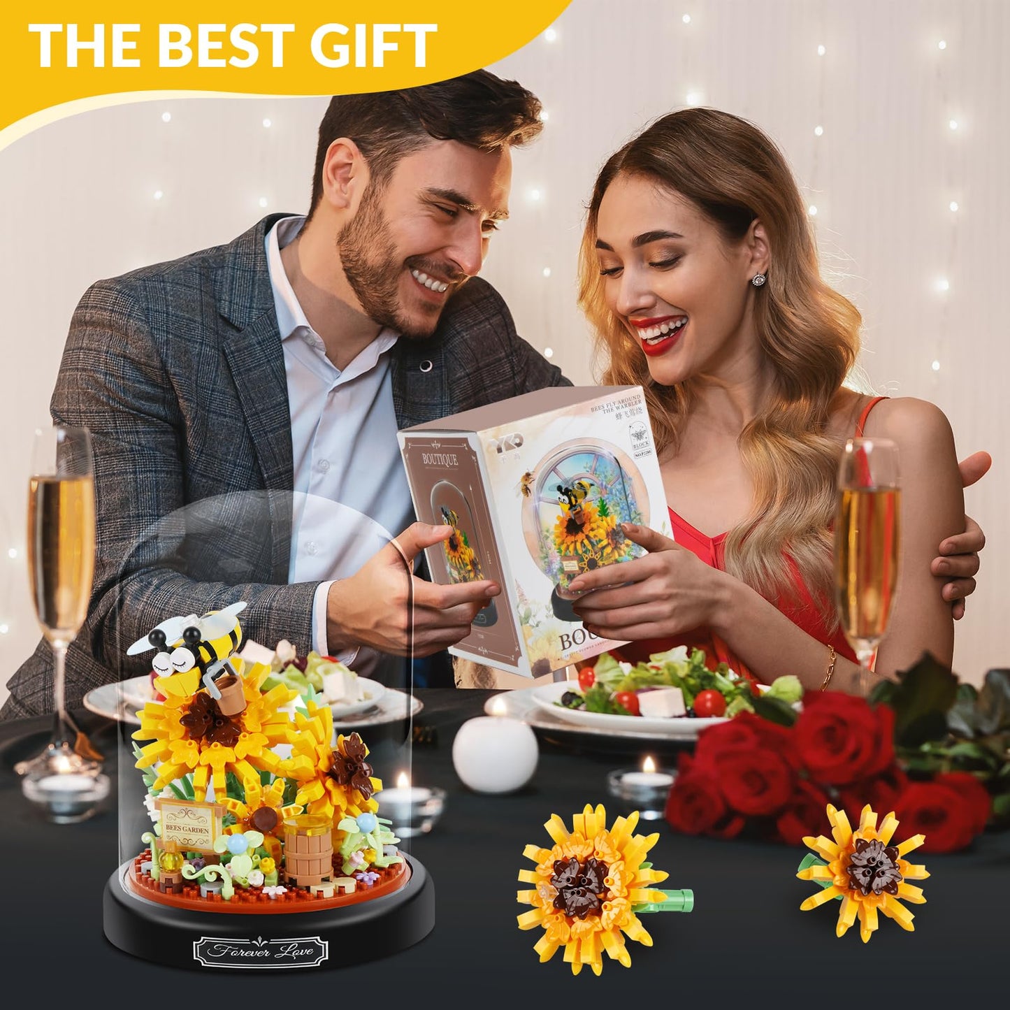 ZQJKLE Sunflower Bee Bouquet Building Block Set, 548 PCS, Medium, Yellow, Acrylonitrile Butadiene Styrene, Model P2280