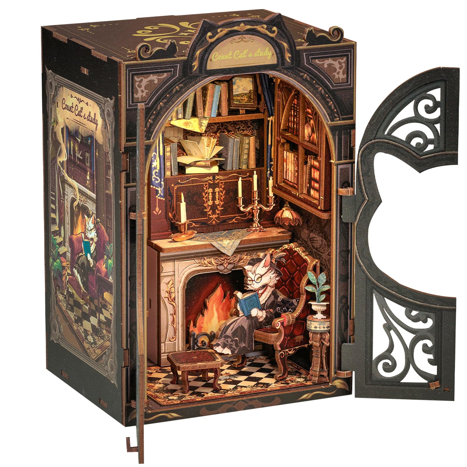 CUTEBEE DIY Book Nook Kit  Miniature House Kits for mature-themed and Teens  DIY Miniature Book Nook kit with Sensor Led Light  Gifts for Lovers and Family (Count Cat's Study)