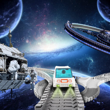 Vanlinny Space Toys For Kids, 204Pcs Train Toys For Boys 6-8 With 1 Mini Star Projector, 1 Light Up Car And 2 Astronaut Dolls, Flexible Race Track Birthday Xmas Gifts Set For Girls Boys 4-7