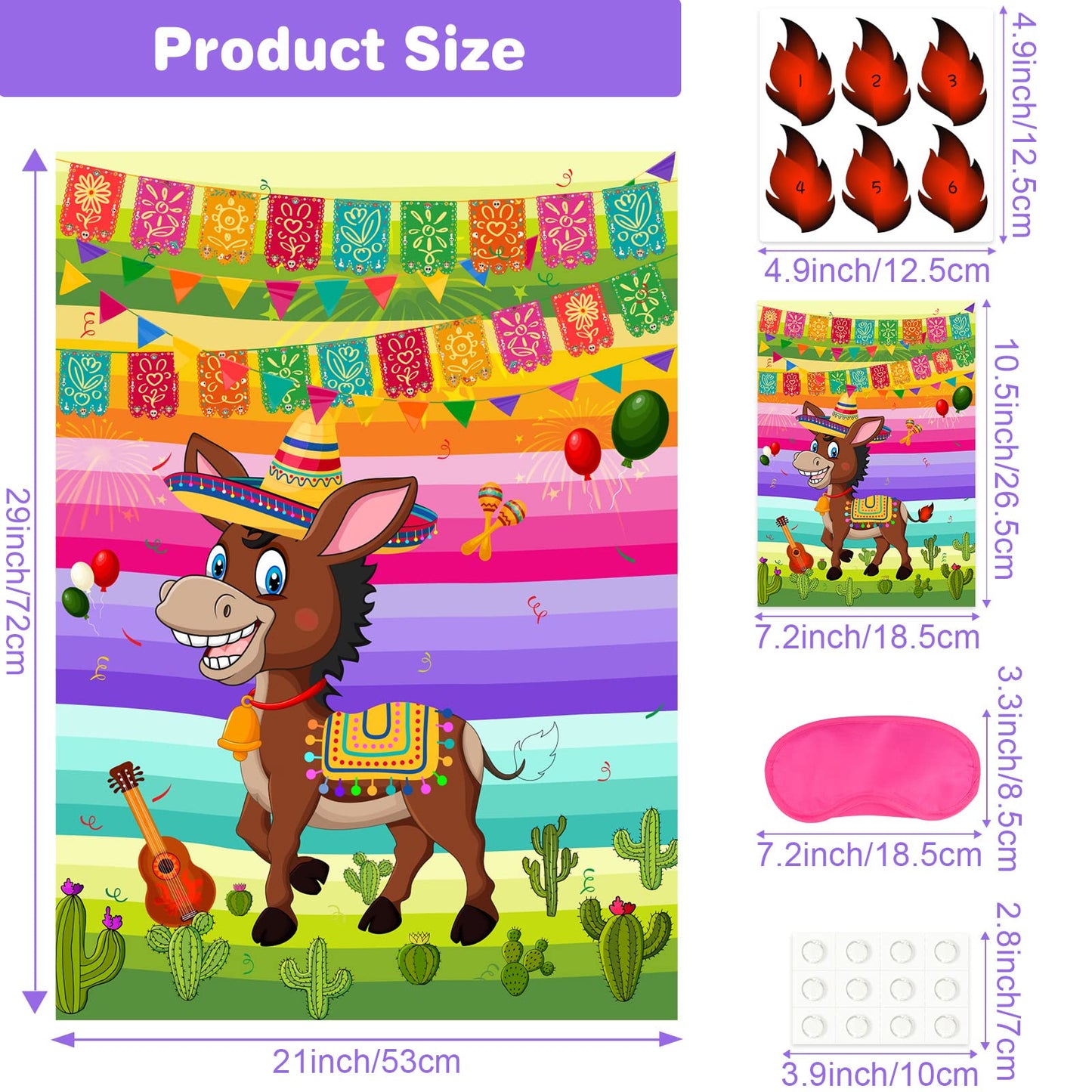 Astaron Pin The Tail On The Donkey Mexican Donkey Game With 24Pcs Tail Stickers For Cinco De Mayo Party, Mexican Party Fiesta Themed Party, Kids Birthday Supplies