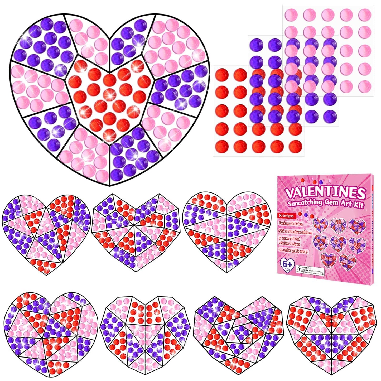 Qyeahkj 8 Pcs Valentines Day Arts Crafts Kit DIY Heart Gems Diamond Suncatcher Crafts for Kids Valentines Gemstones Painting Gi