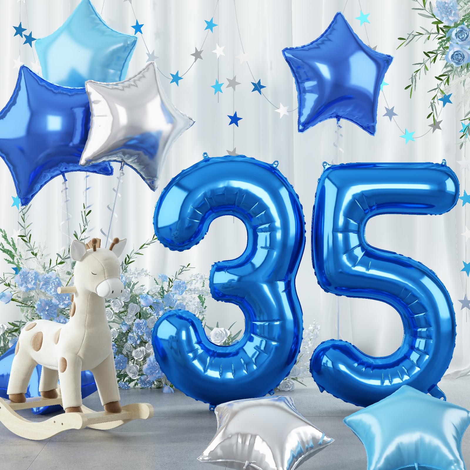 35Th Birthday Balloon Decoration For Men, Big Self Inflating Dark Light Blue Silver Star Number 35 Foil Balloons, 40 Inch Royal