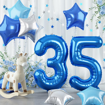 35Th Birthday Balloon Decoration For Men, Big Self Inflating Dark Light Blue Silver Star Number 35 Foil Balloons, 40 Inch Royal