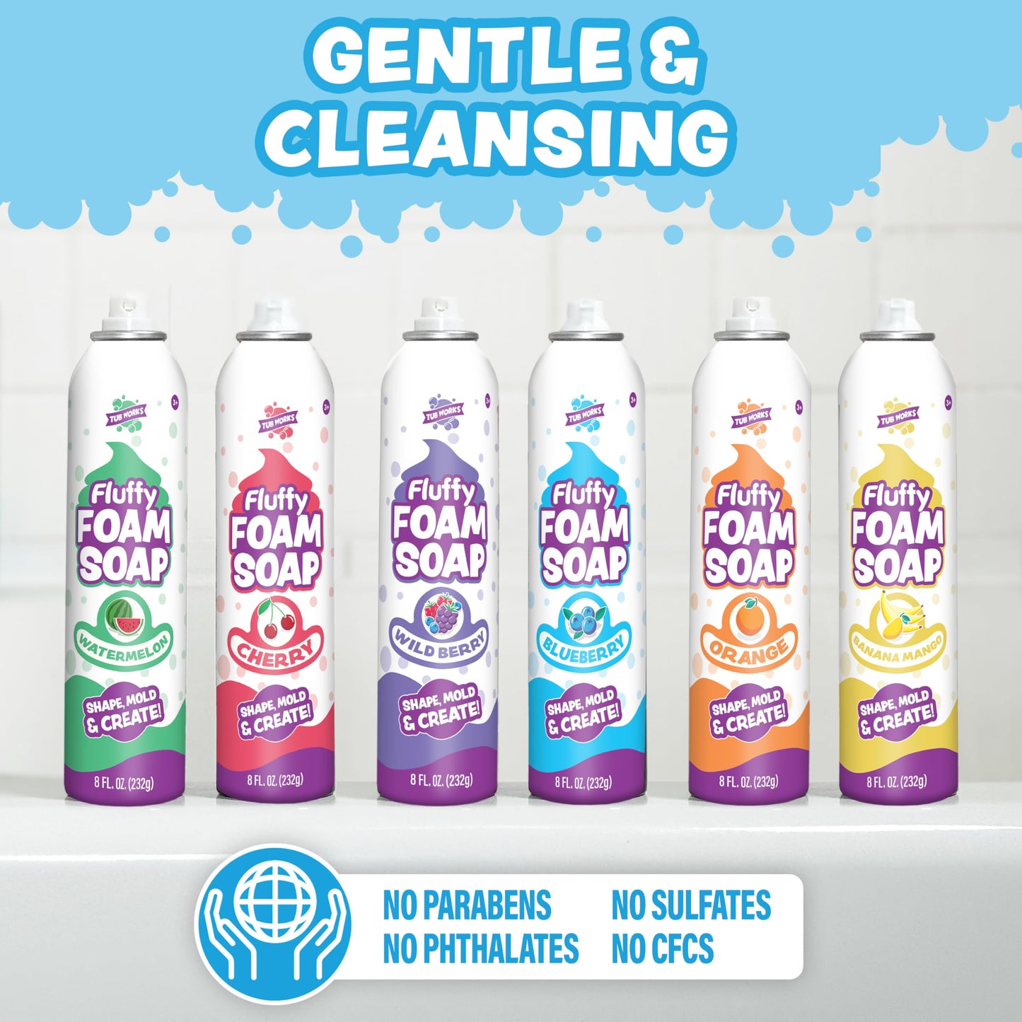 Tub Works Fluffy Foam Soap, Variety 6 Pack | Shape, Mold & Create Bath Art With Soft Bath Foam For Kids | Gentle, Cleansing Kids