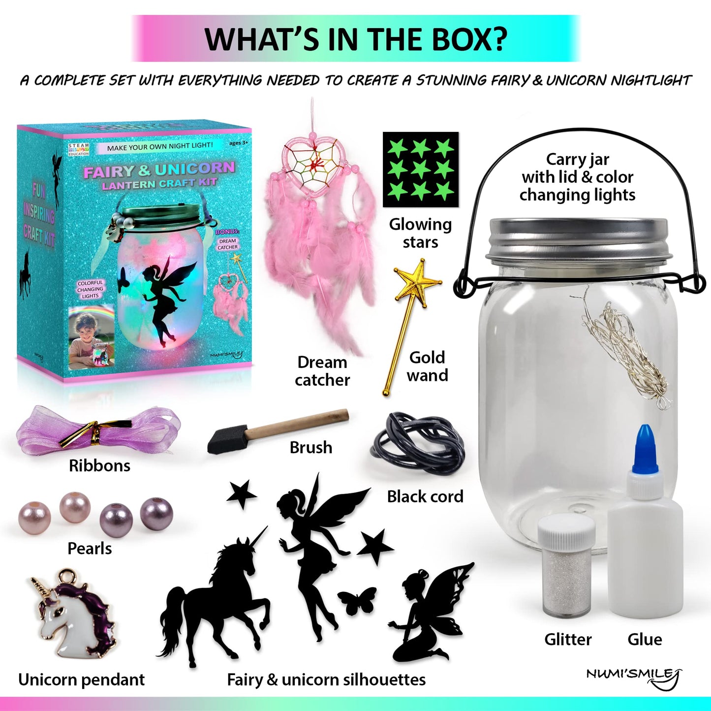 NUMI'SMILE Unicorn & Fairy Night Light Jar Craft Kit, Large, Pink, DIY Arts & Crafts for Girls Ages 3-12, Model NUMI-6928