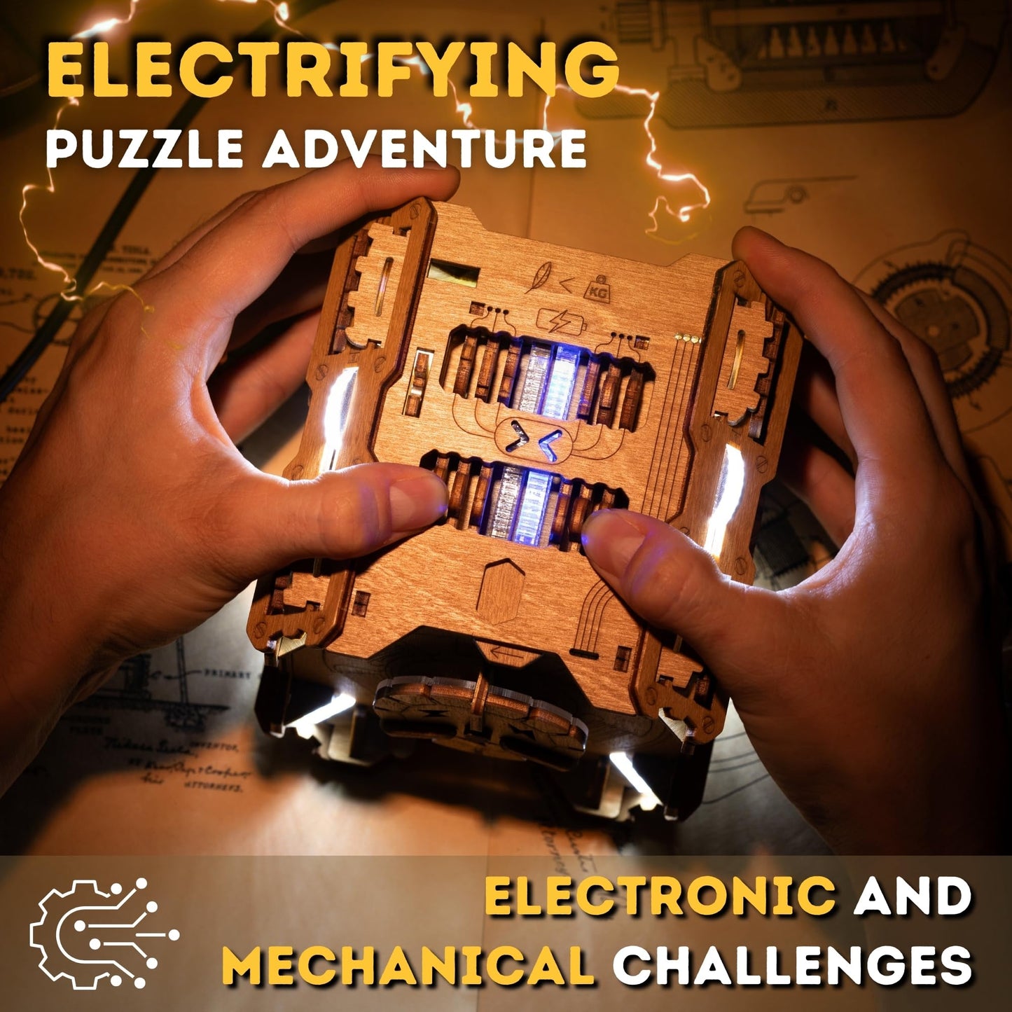 Puzzle Potato Tesla Box - Electronic Brain Teaser Puzzle Box - Wooden Treasure Chest For Adults - Money Puzzlebox For Cash Gift