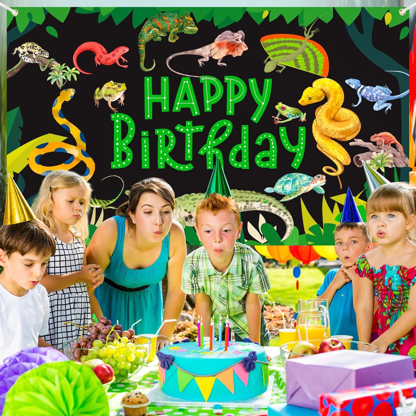 RUMIA Jungle Wild One Party Banner - Reptile Themed Decorations, 71 x 44 Inch, Polyester, Random Color, Kids Safari Animals