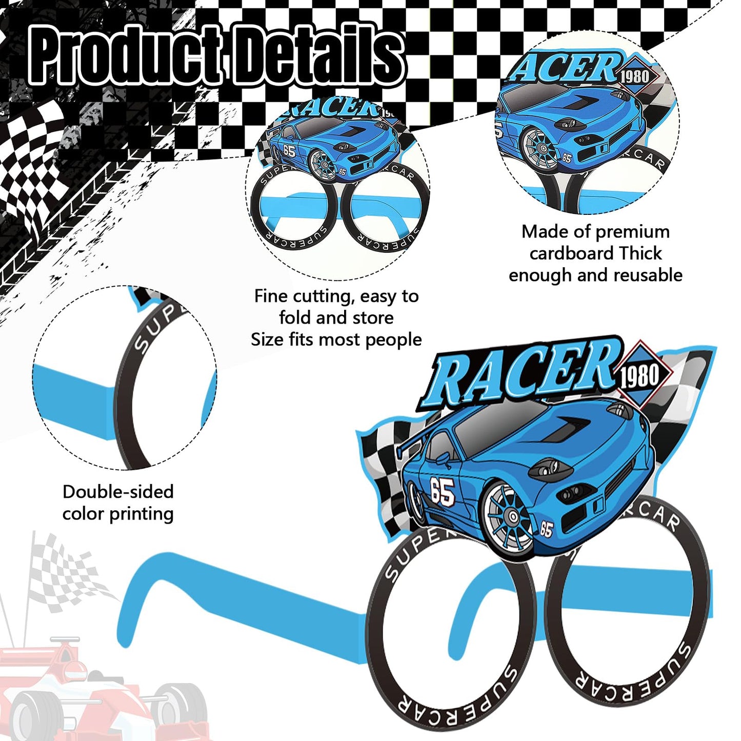 Herdear 32 Pcs Race Car Party Decorations Favor Racing Paper Glasses Frame Trunk Car Theme Eyeglasses Racing Car Party Favors fo