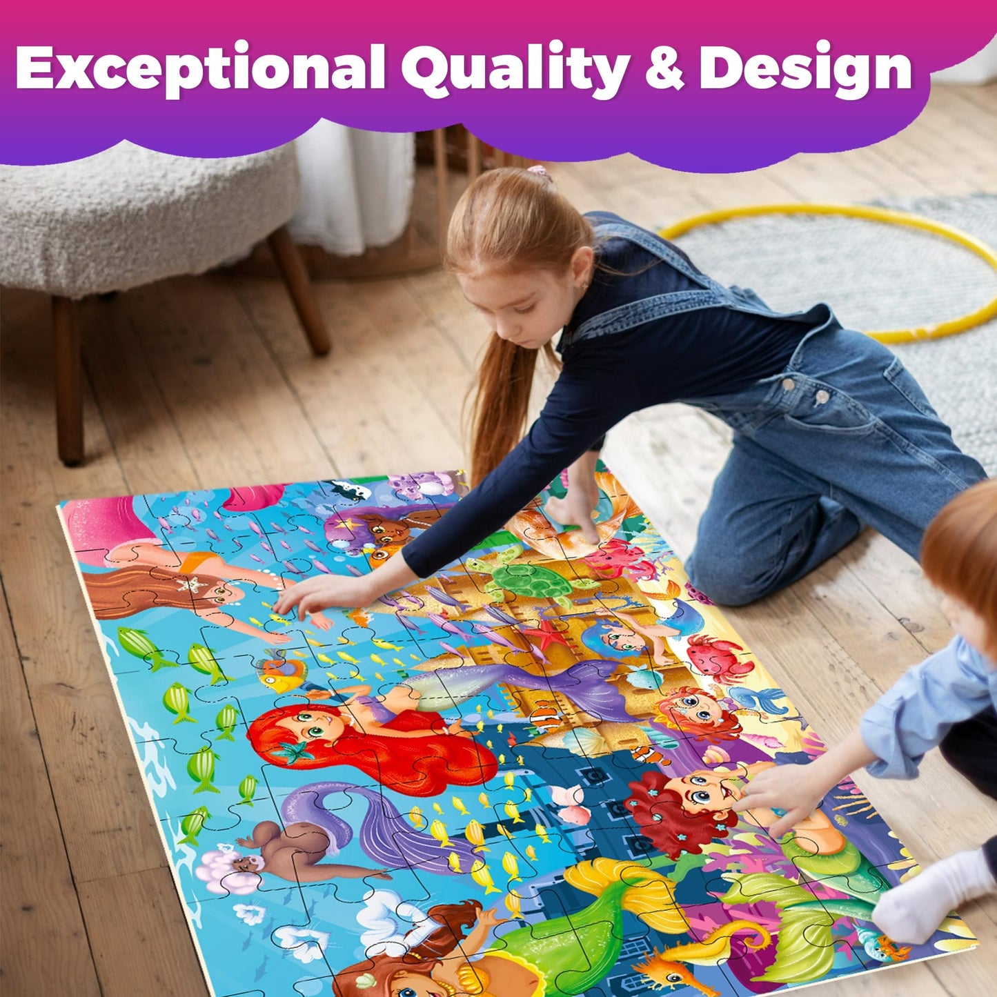 QUOKKA Giant Floor Puzzles for Kids Ages 4-6 - 2x3 Feet Extra-Thick 48 Pieces Toddler Puzzle Ages 3-5 - Mermaid Educational Activity for Boys Girls - enhanced Box with Sturdy Handle & Magnetic Closure