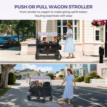 ELEMARA Wagon Stroller 4 Seater  enhanced Stroller Wagon for 4 Kids  Foldable All-Terrain Wagon for Kids with Canopy  Adjustable Push/Pull Handles Convertible High Seat&Organizer  Black+Purple