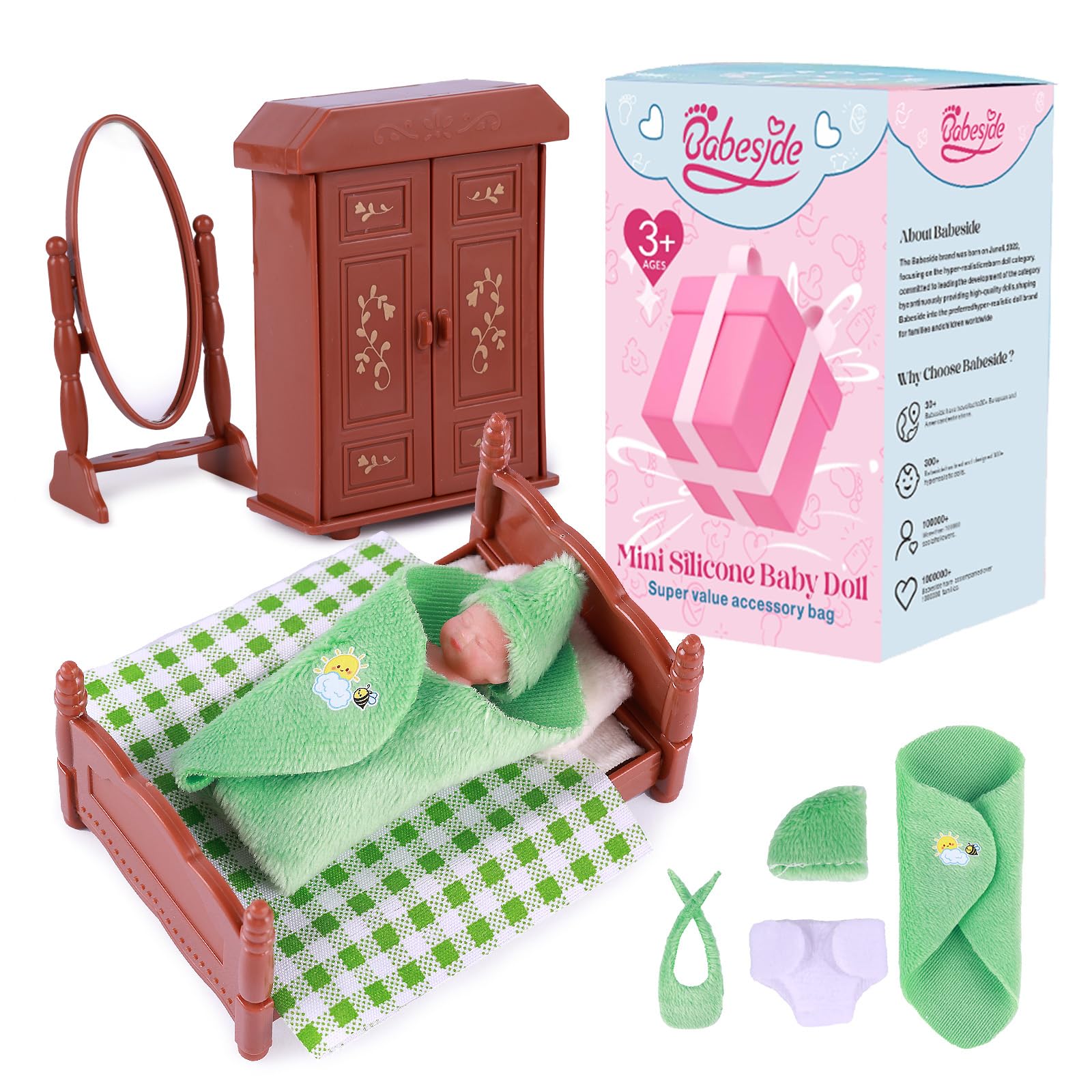 Babeside Mini Silicone Baby Dolls, 3 Inch Realistic-Newborn Full Silicone Cute Little Baby Dolls Tiny Real Life Miniature Baby Dolls With Playset Accessories For Girls Kids