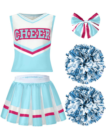 Spooktacular Creations Halloween Girl Cheerleader Costume  Celeste and Pink Cheer Uniform Set  Cute Cheerleading Outfit with Accessories for Halloween Dress-Up  High School Themed Party(L  10-12yrs)