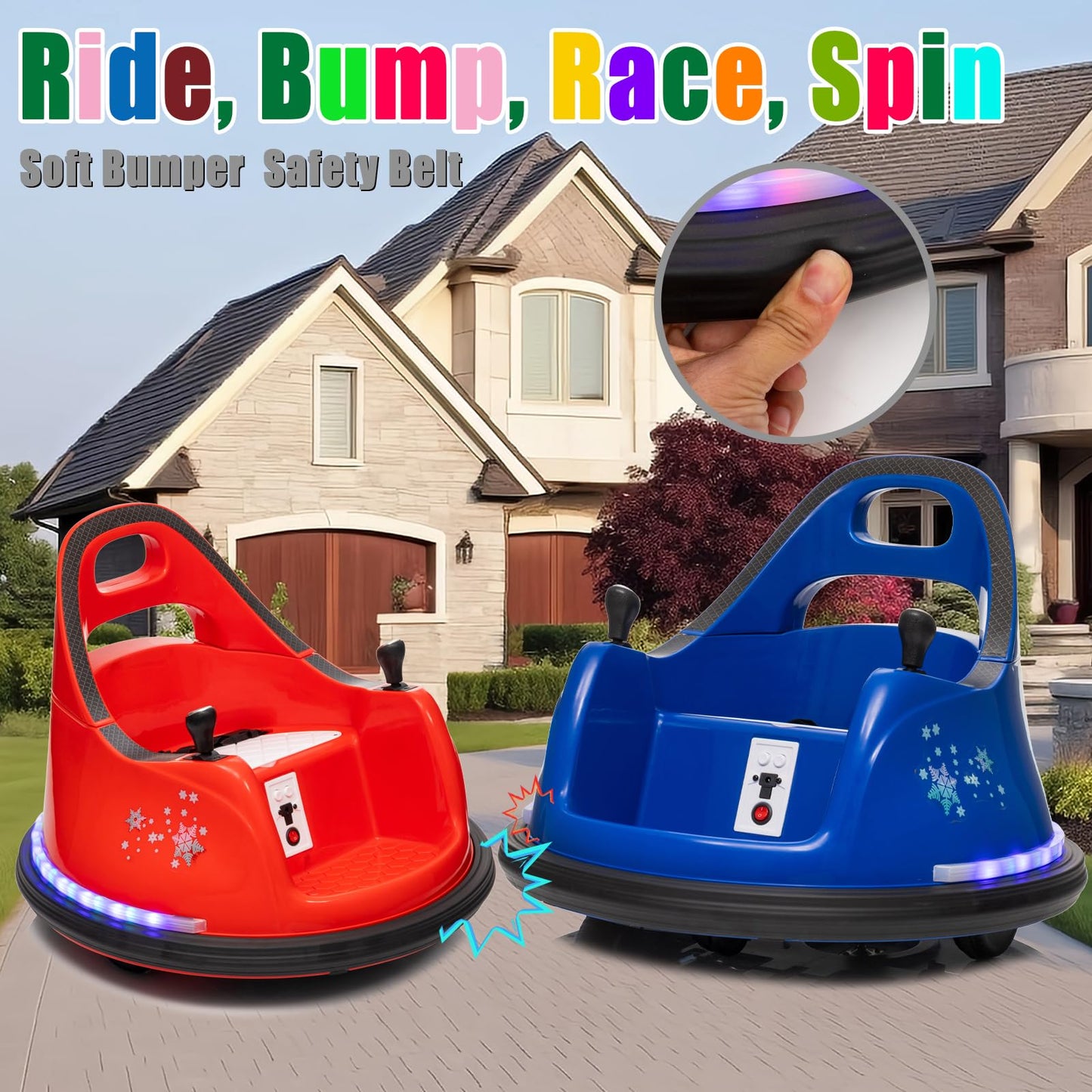 FINITO 12V Ride On Electric Bumper Car for Kids with Remote Control, 360 Degree Spin, LED Lights, Music, Safety Belt for Age 3+