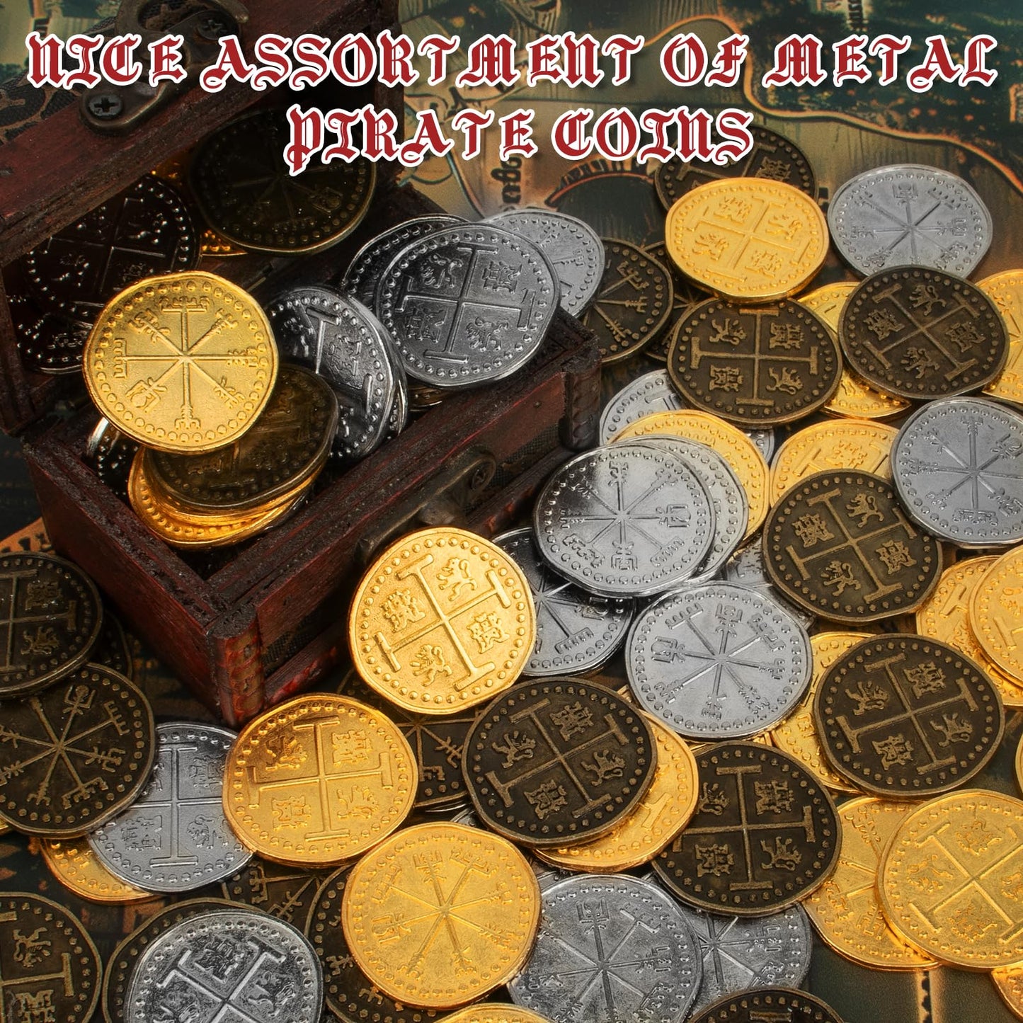 Byhoo 36 Pcs Metal Pirate Token Coins Set, Realistic Treasure Spanish Currency Coins For Pirate Treasure Chest Treasure Hunt Cos
