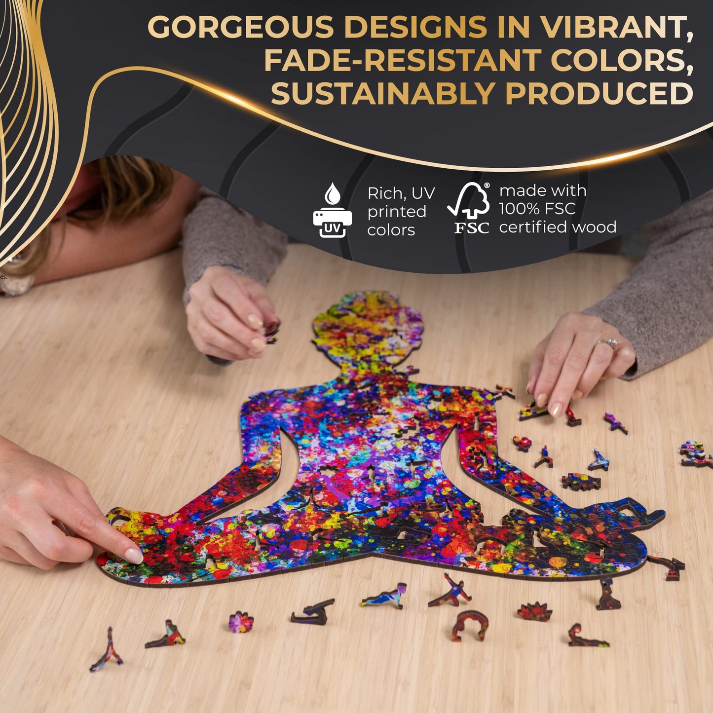 ZenChalet Wooden Jigsaw Puzzle - 200 Pcs Yoga Pose Design, 13.5 x 14.9 Inches, Unique Shaped, Challenging Puzzle for Adults